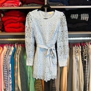 Hidden Label blue embroidered lined long sleeve tie front romper size S NWOT